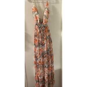 UK2LA Orange Grey White Floral chiffon Maxi  dress SZ Small Elegant Flowing